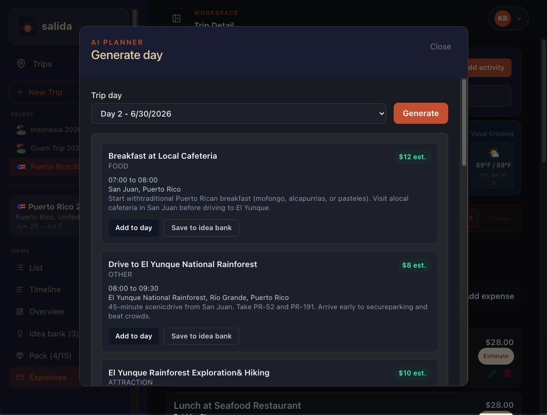 Salida's AI itinerary generator streaming a day plan for a trip