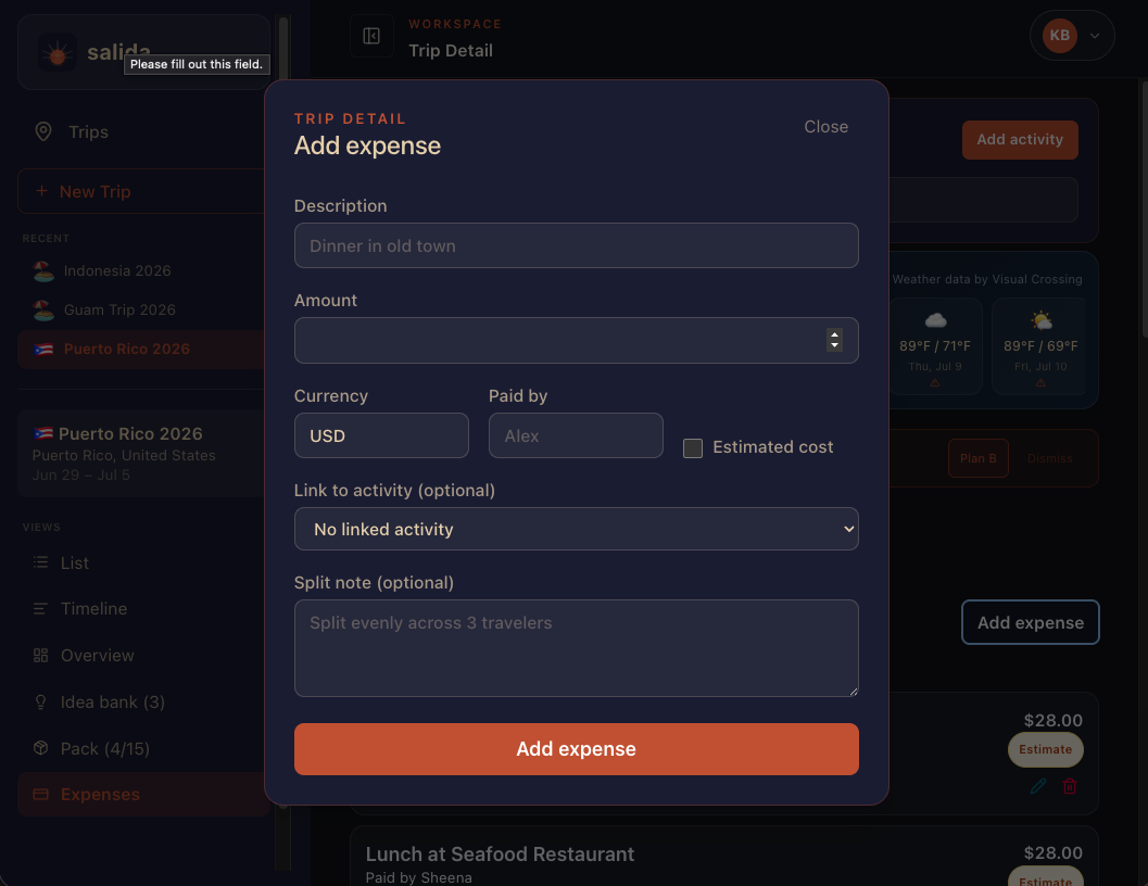 Salida expense editor showing a shared travel cost being edited