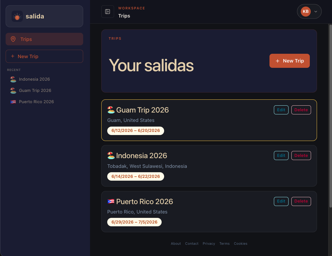 Salida trips dashboard showing upcoming trips in the web app